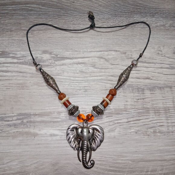 Vintage Boho Elephant Pendant Necklace With Beads & Adjustable Cord Tribal - Picture 6 of 7